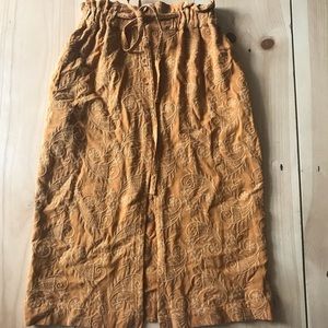 Embroidered mustard yellow midi skirt